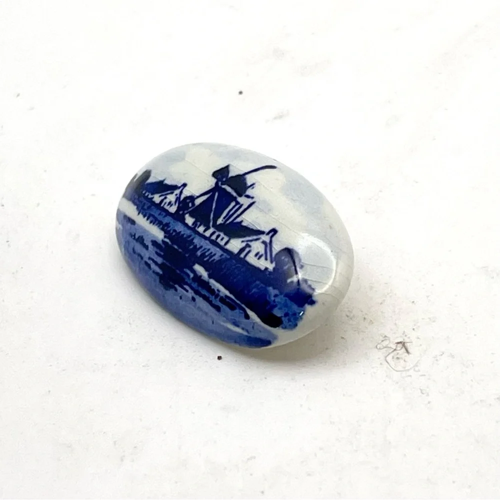 Collectible Vintage Delft Windmill Scene Porcelain Brooch Handcrafted Estate Pc